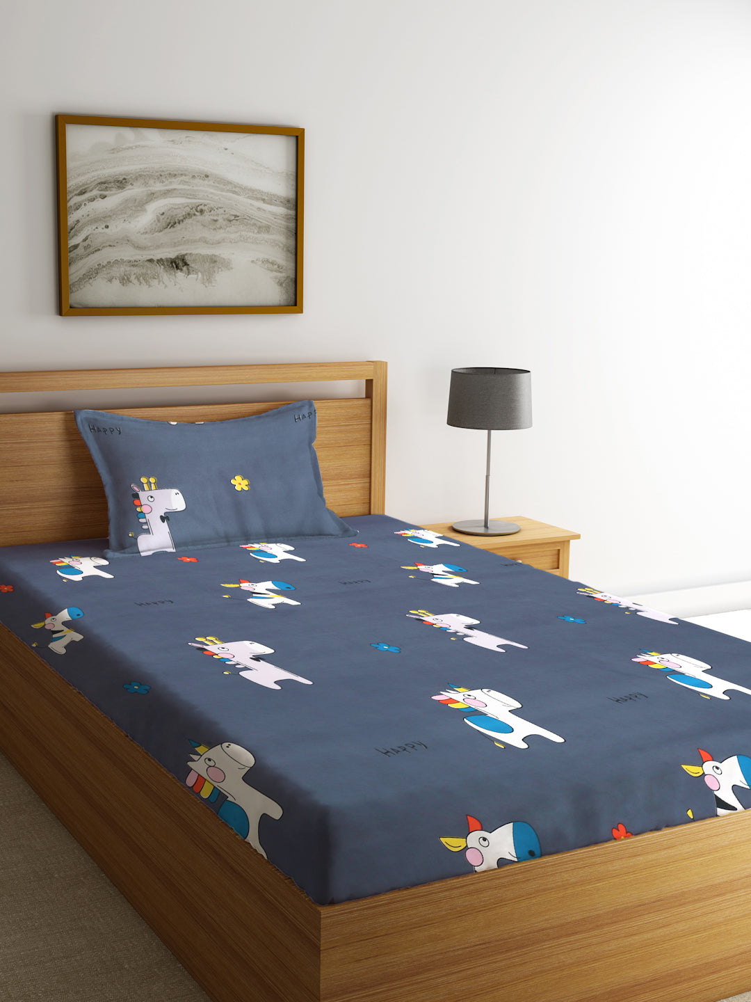 Klotthe Multi Cartoon Characters 210 TC Cotton Blend Single BedSheet with Pillow Cover