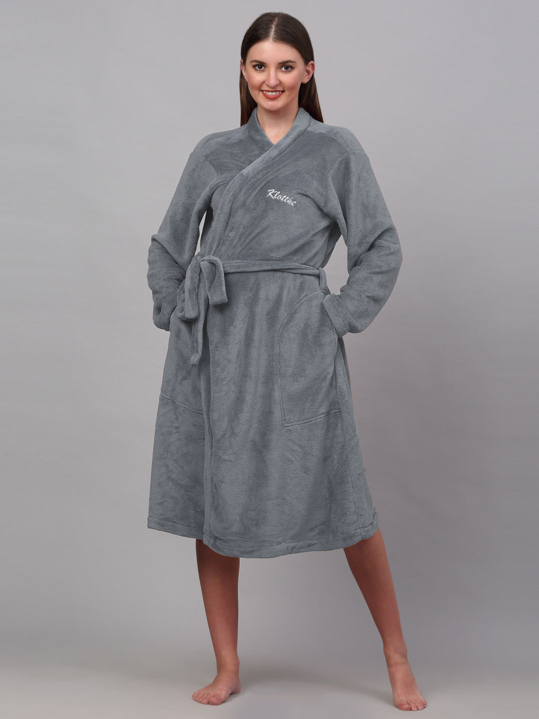 Klotthe Women Grey Solid Bath Robe With Belt