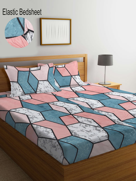 Klotthe Multi Abstract 300 TC Cotton Blend Elasticated Super King Double Bedsheet with 2 Pillow Covers (270X270 cm)