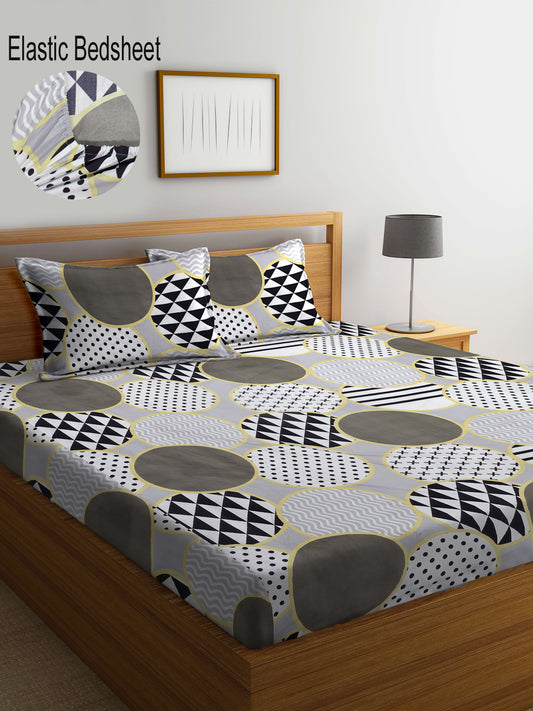 Klotthe Multicolor Geometric 300 TC Cotton Blend Fitted Double Bedsheet with 2 Pillow Covers