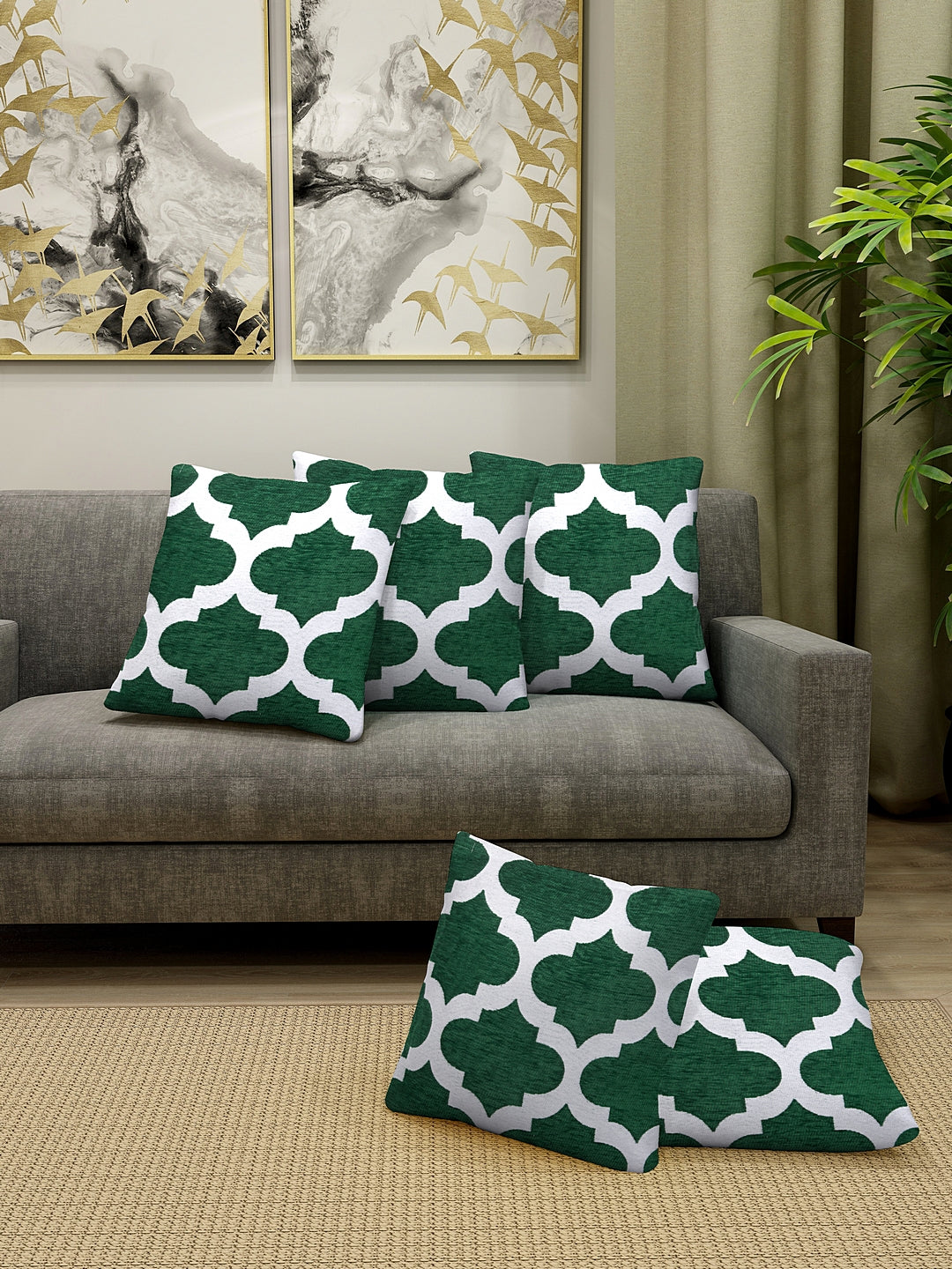 KLOTTHE Set of Five Green Poly Cotton Cushion Covers With Microfibre Fillers (40X40 cm)