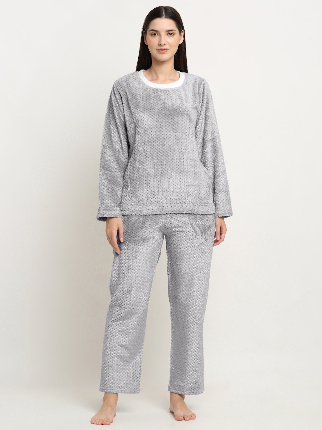 Klotthe Women Light Grey Jacquard Wool Blend Solid Night Suit