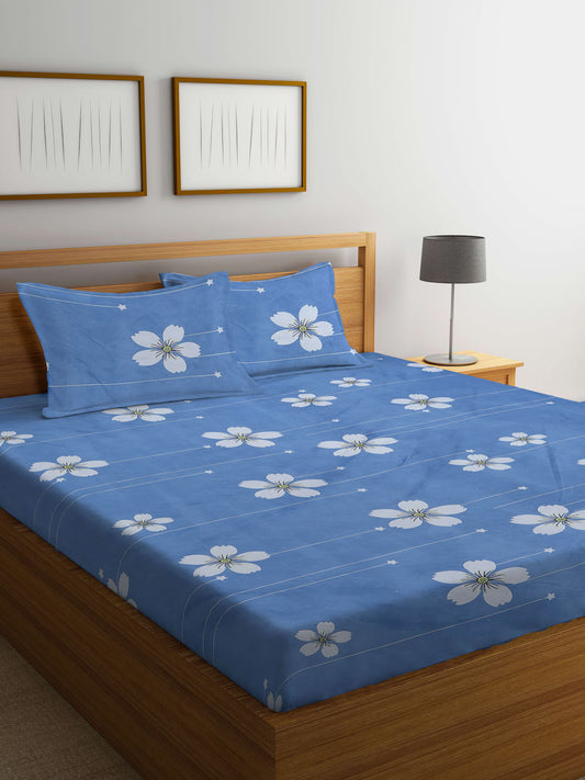 Klotthe Blue Floral 300 TC Cotton Blend Double Bedsheet with 2 Pillow Covers