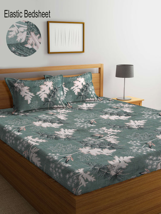 Klotthe Multi Floral 300 TC Cotton Blend Elasticated Double Bedsheet with 2 Pillow Covers