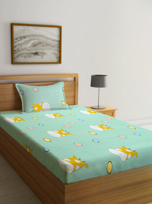 Klotthe Multicolor Cartoon Characters 300 TC Cotton Blend Single Bedsheet with Pillow Cover