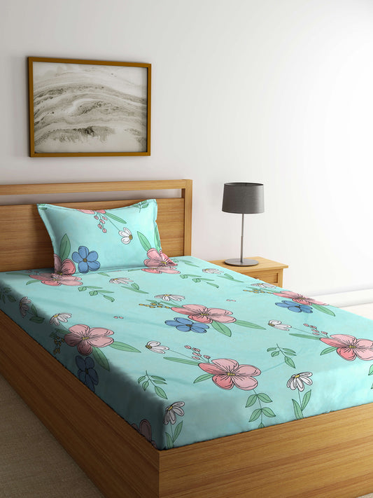 Klotthe Multicolor Floral 300 TC Cotton Blend Single Bedsheet with Pillow Cover