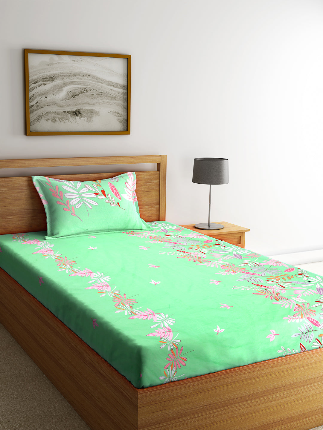 KLOTTHE Green Polycotton Floral BedSheet With 1 Pillow Cover (225X150 cm)