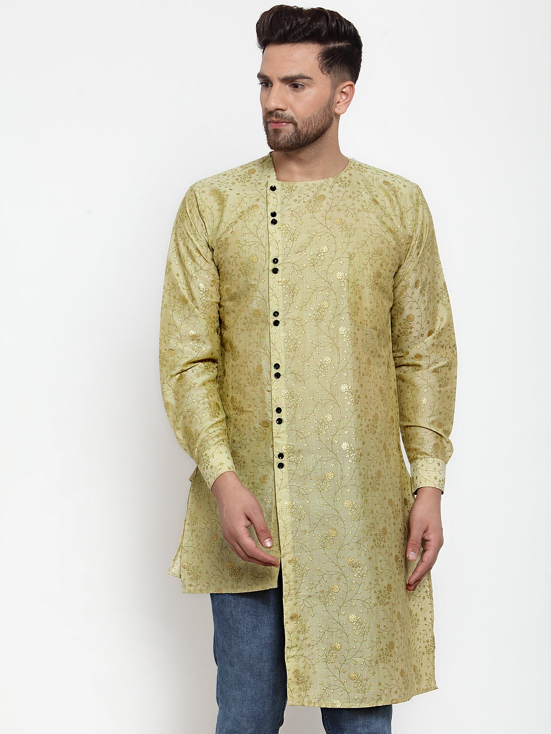 Klotthe Green Round Neck Embellished Cotton Silk Kurta