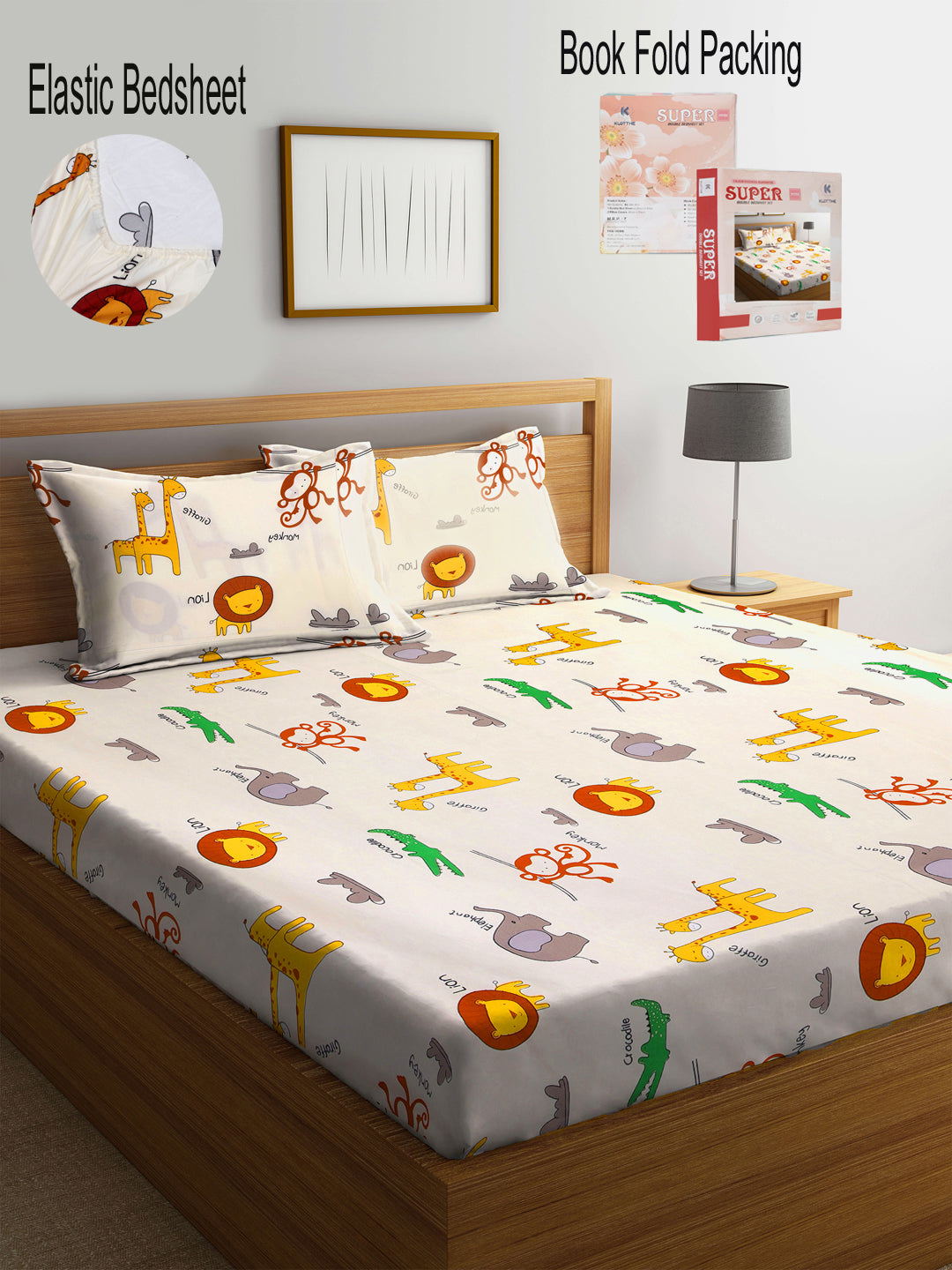 Klotthe Multi Cartoon Print 300 TC Cotton Blend Elasticated Double Bedsheet with 2 Pillow Cover in Book Fold Pack