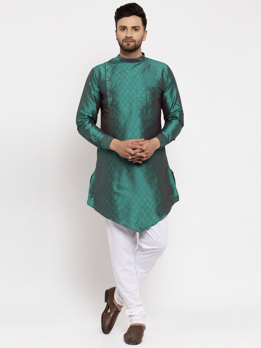 KLOTTHE Green Cotton Silk Woven Design Kurtas