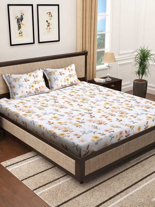 Klotthe Multi Floral 300 TC Cotton Blend Double Bedsheet with 2 Pillow covers