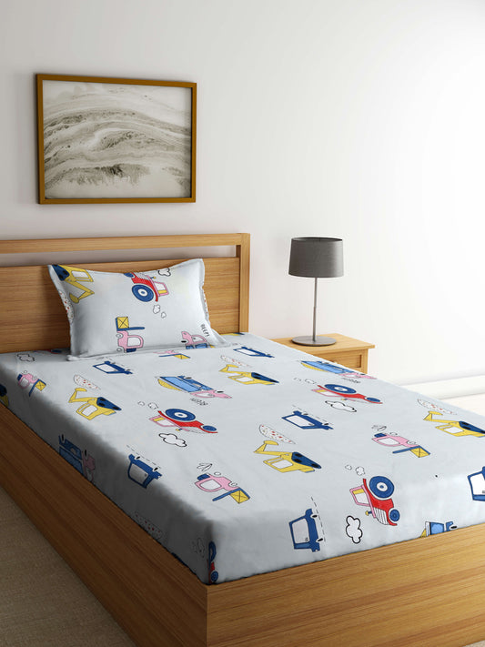 Klotthe Multicolor Cartoon Characters 300 TC Cotton Blend Single Bedsheet with Pillow Cover