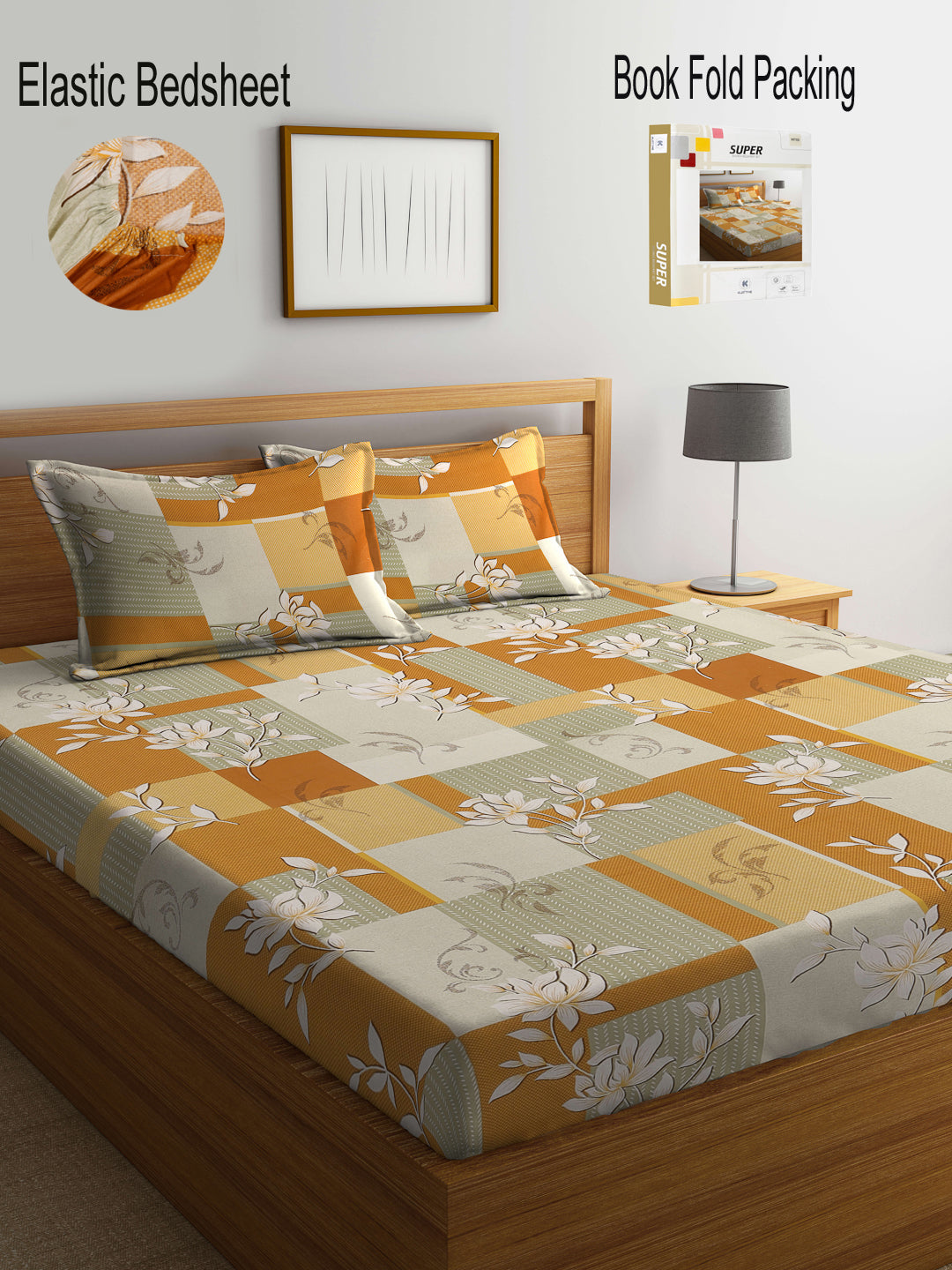 Klotthe Multicolor Floral 400 TC Pure Cotton Fitted Double Bedsheet Set in Book Fold Packing