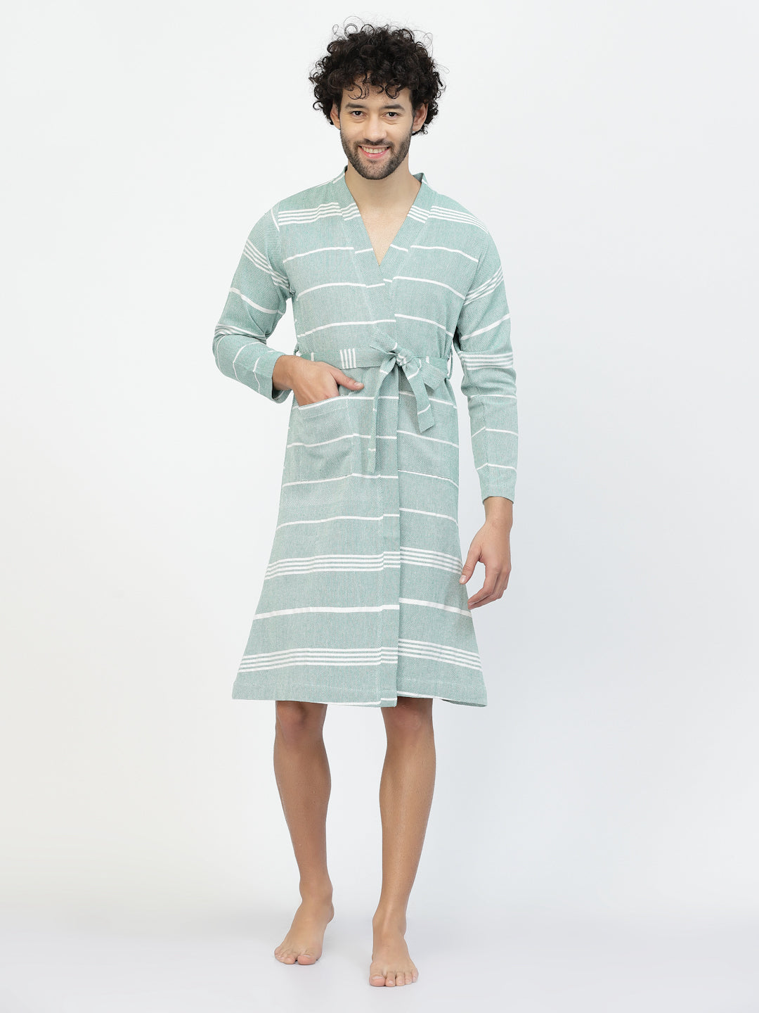 Klotthe Men Green Striped Cotton Bath Robe With Belt