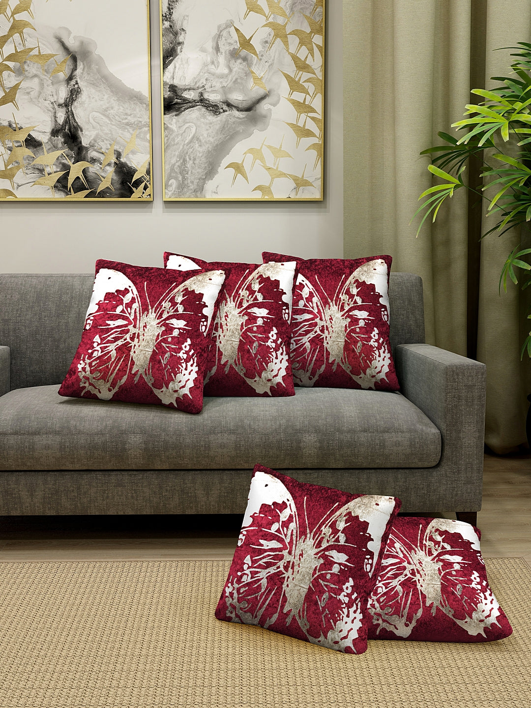 Klotthe Velvet Maroon Colourblocked Set of 5 Cushion Cover (40X40 cm)