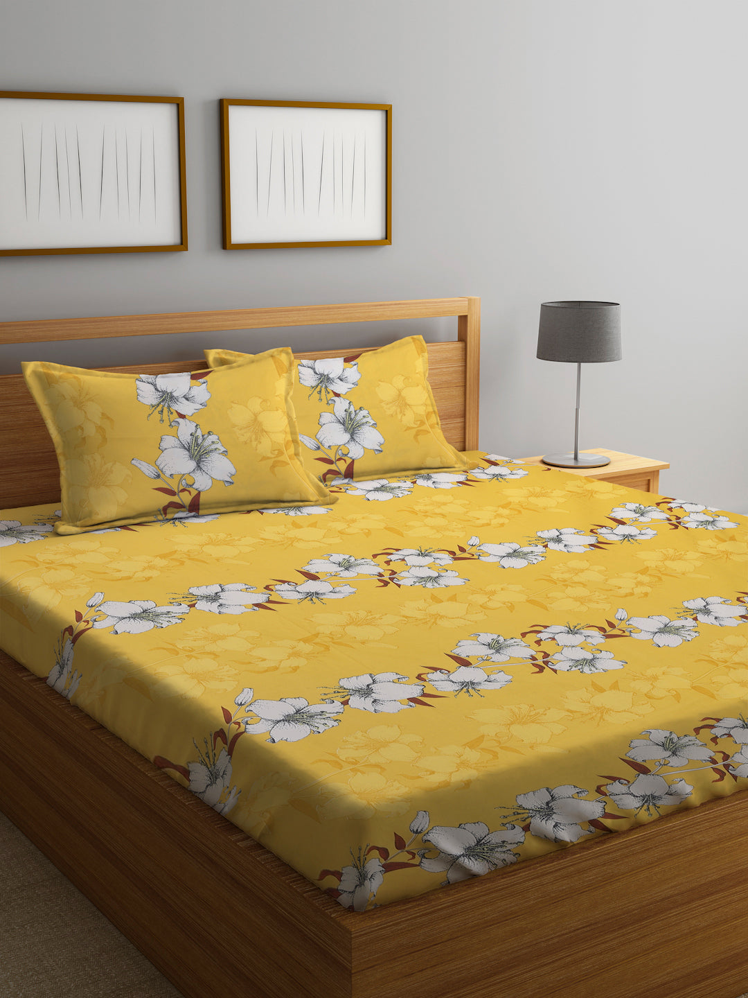 Klotthe Yellow 210 TC Floral Cotton Blend Double Bed Sheet with 2 Pillow Covers