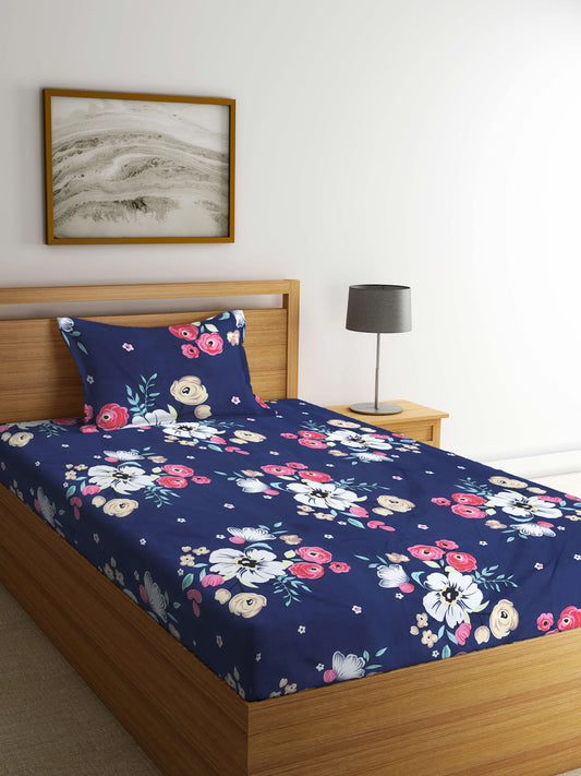 Klotthe Multi Floral 300 TC Cotton Blend Single Bedsheet with Pillow Cover