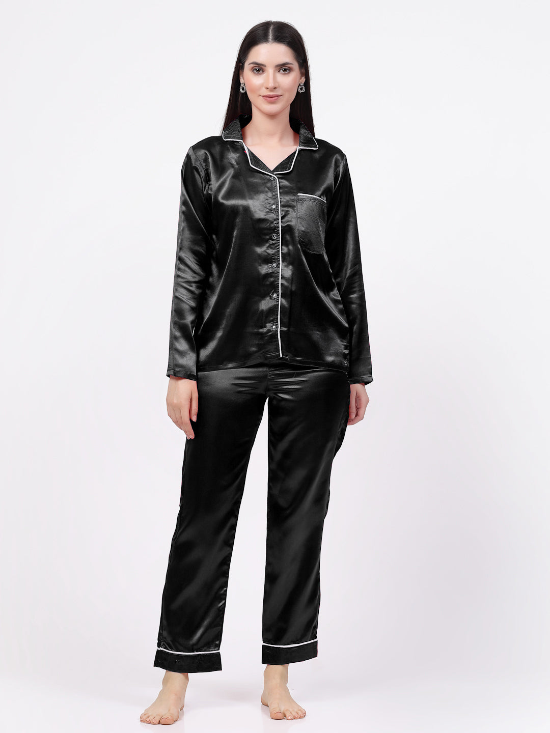 Klotthe Women Black Solid Satin Night Suit by KLOTTHE