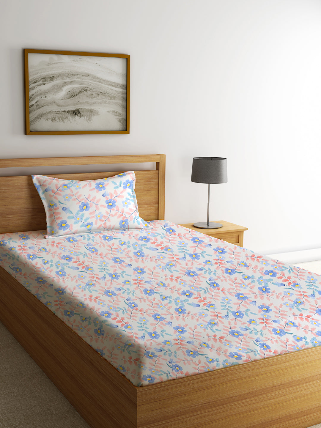 Klotthe Multi Floral 300 TC Cotton Blend Single Bedsheet with Pillow Cover