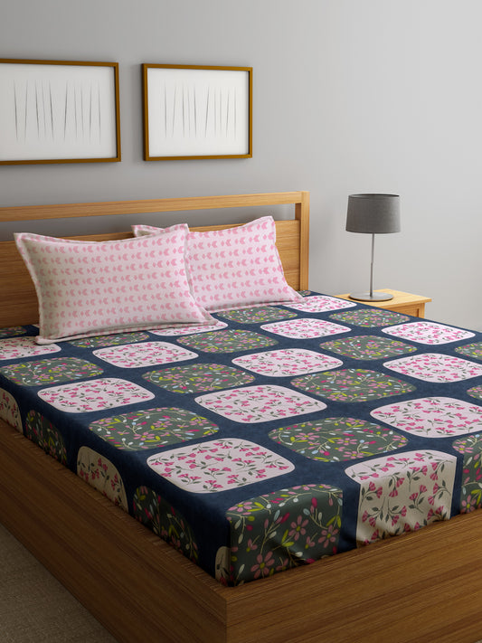 Klotthe Multicolor Floral 300 TC Cotton Blend Double Bedsheet with 2 Pillow Covers