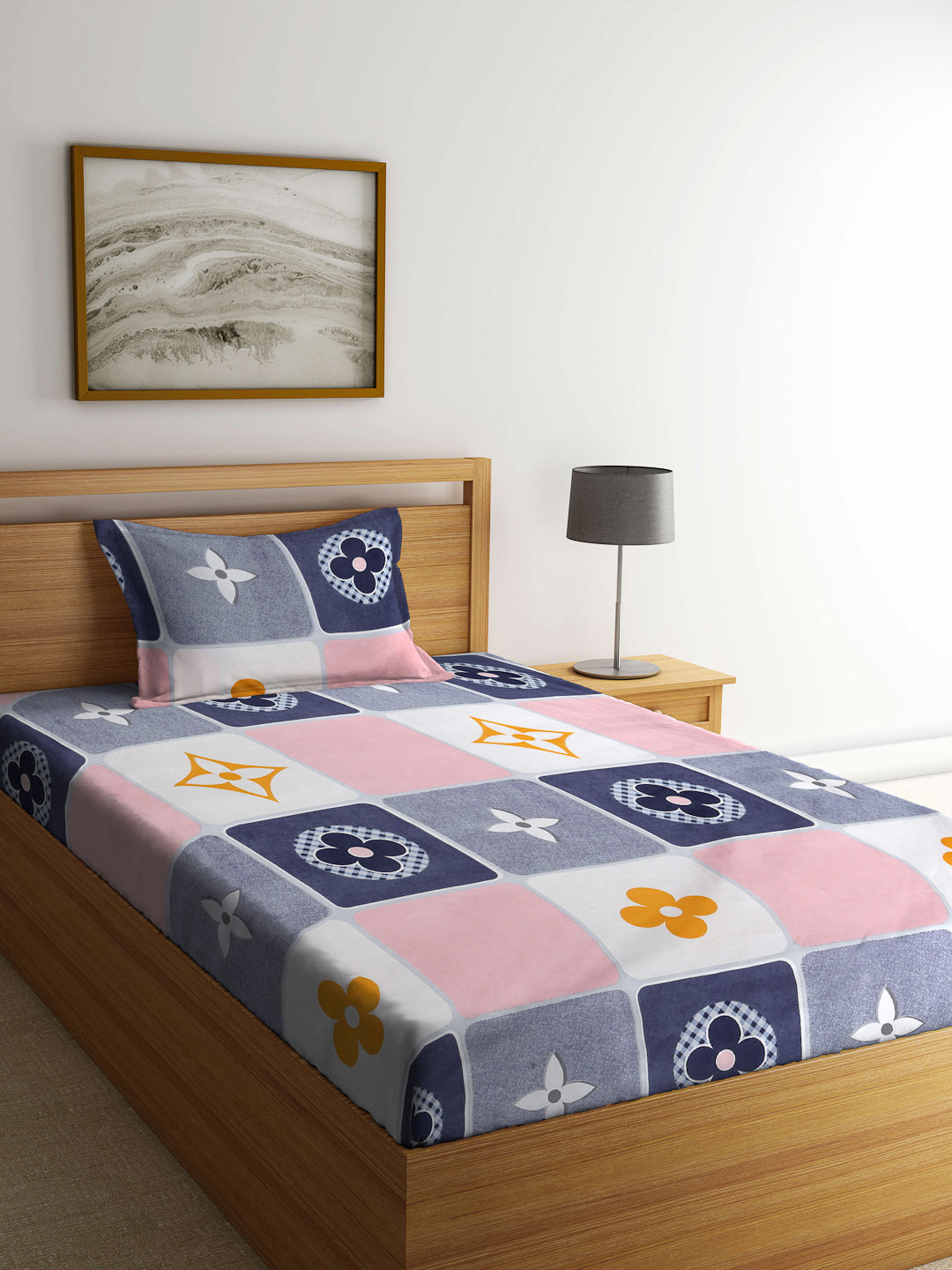 Klotthe Multi Geometric 300 TC Cotton Blend Single Bedsheet with Pillow Cover