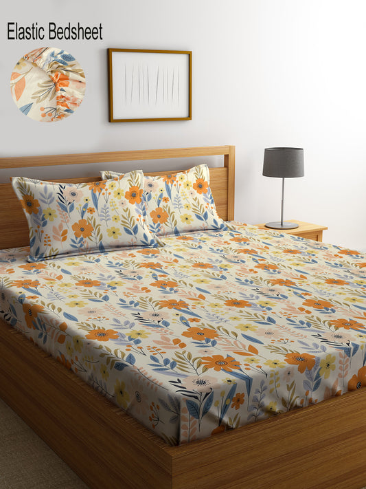 Klotthe Multi Floral 300 TC Cotton Blend Elasticated Double Super King Bedsheet with 2 Pillow covers (270X270 cm)