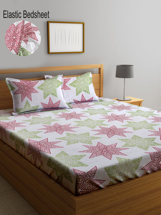 Klotthe Multicolor Geometric 300 TC Cotton Blend Fitted Double Bedsheet with 2 Pillow Covers