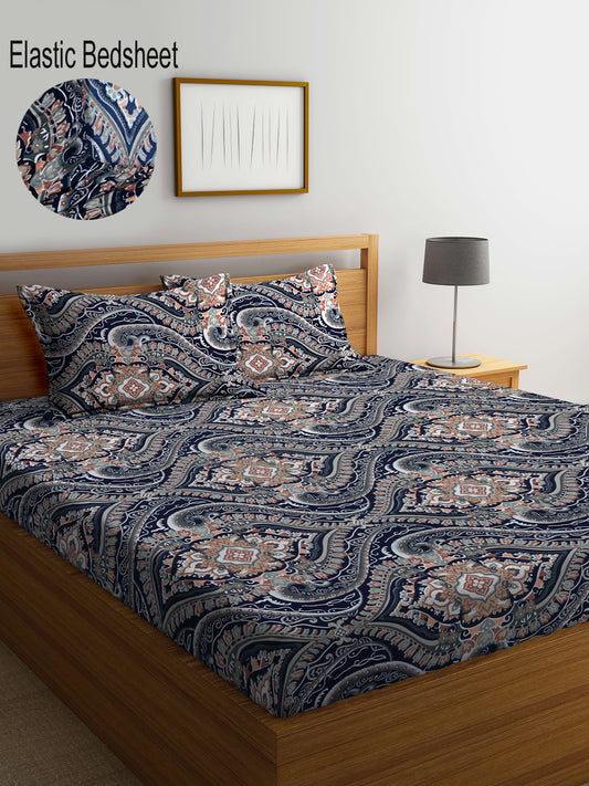 Klotthe Multicolor Ethnic Motifs 300 TC Cotton Blend Fitted Double Bedsheet with 2 Pillow Covers