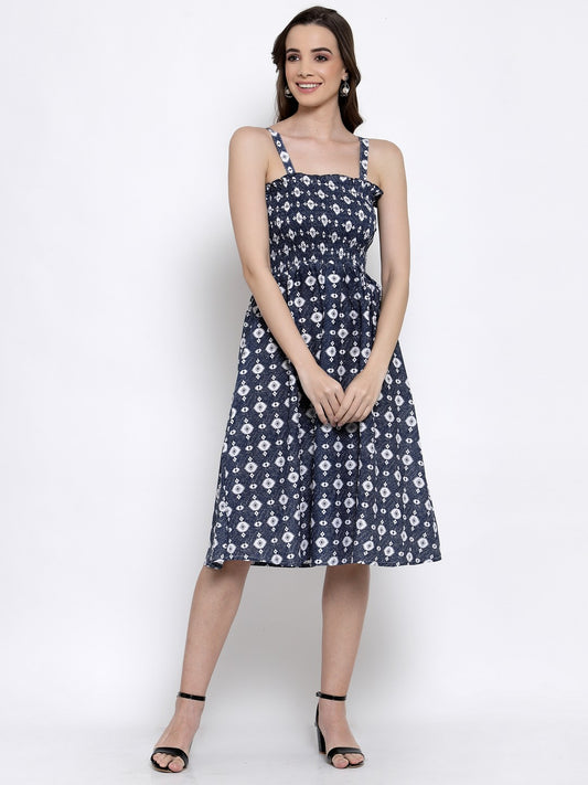 Klotthe Women Blue Floral Printed Smocked Fit & Flare Midi Dress