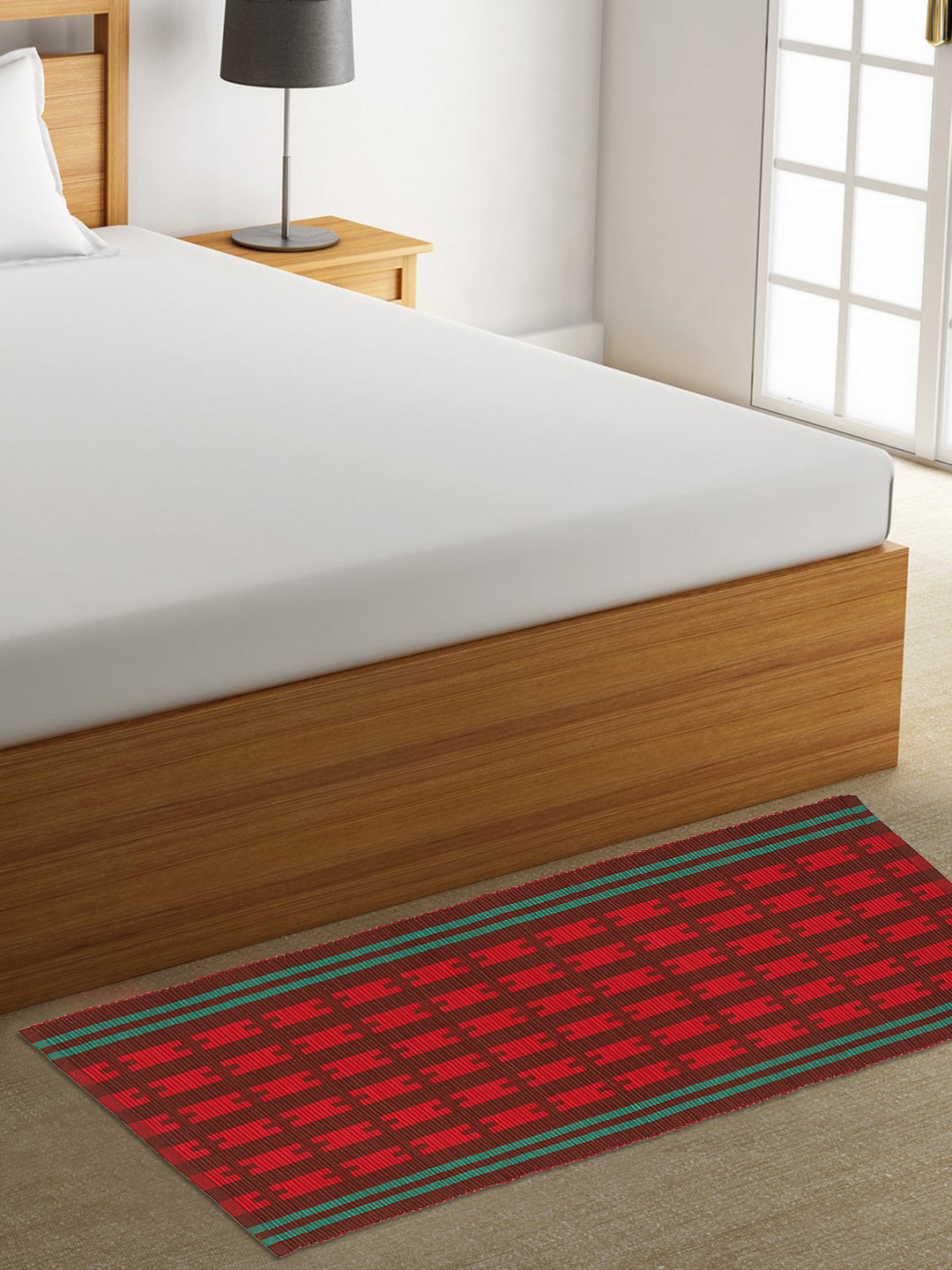 Klotthe Red Rectangular Striped Cotton Anti-Skid Rugs