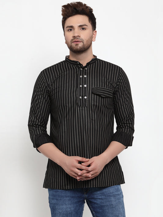 Black Cotton Silk Striped Party Kurtas