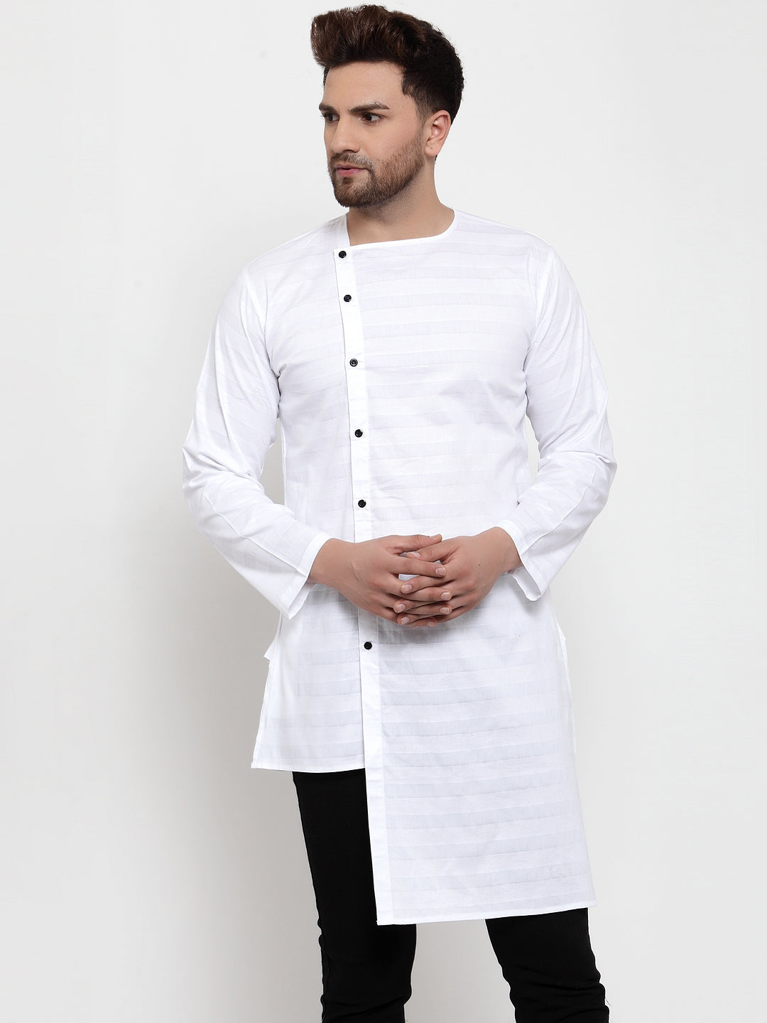 White Cotton Silk Striped Party Kurtas