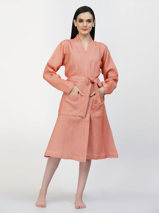 Klotthe Women Orange Checked Cotton Bath Robe With Belt