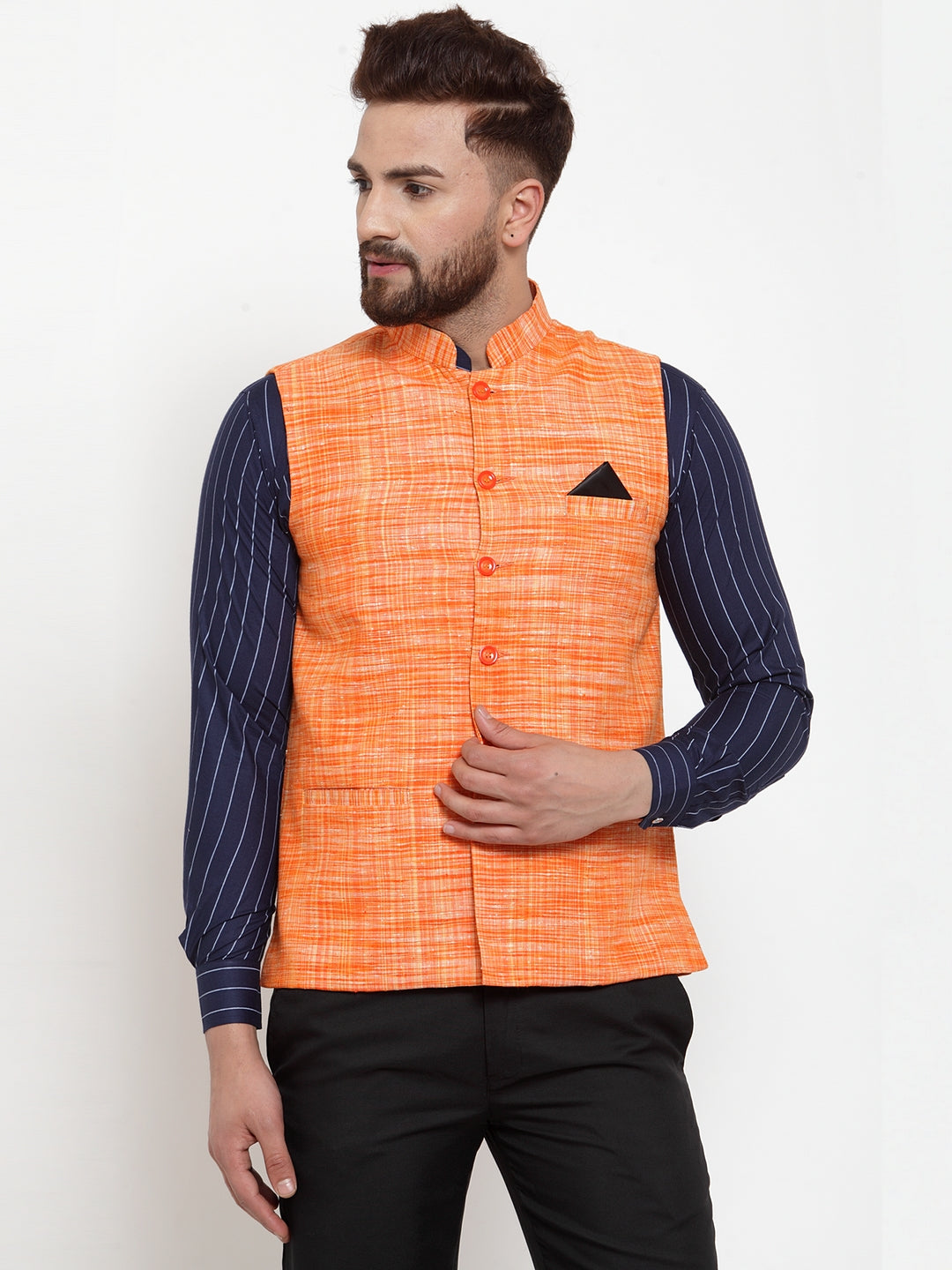 KLOTTHE Orange Pure Cotton Woven Design Nehru Jacket