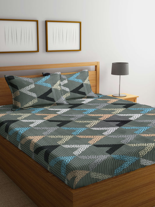 Klotthe Multicolor Geometric 300 TC Cotton Blend Fitted Double Bedsheet with 2 Pillow Covers