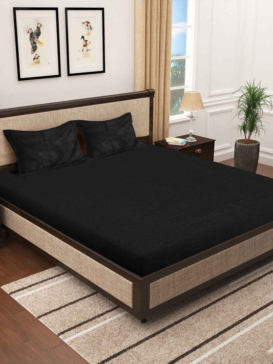 Klotthe Black Solid Woolen Double Bed Sheet with 2 Pillow Covers