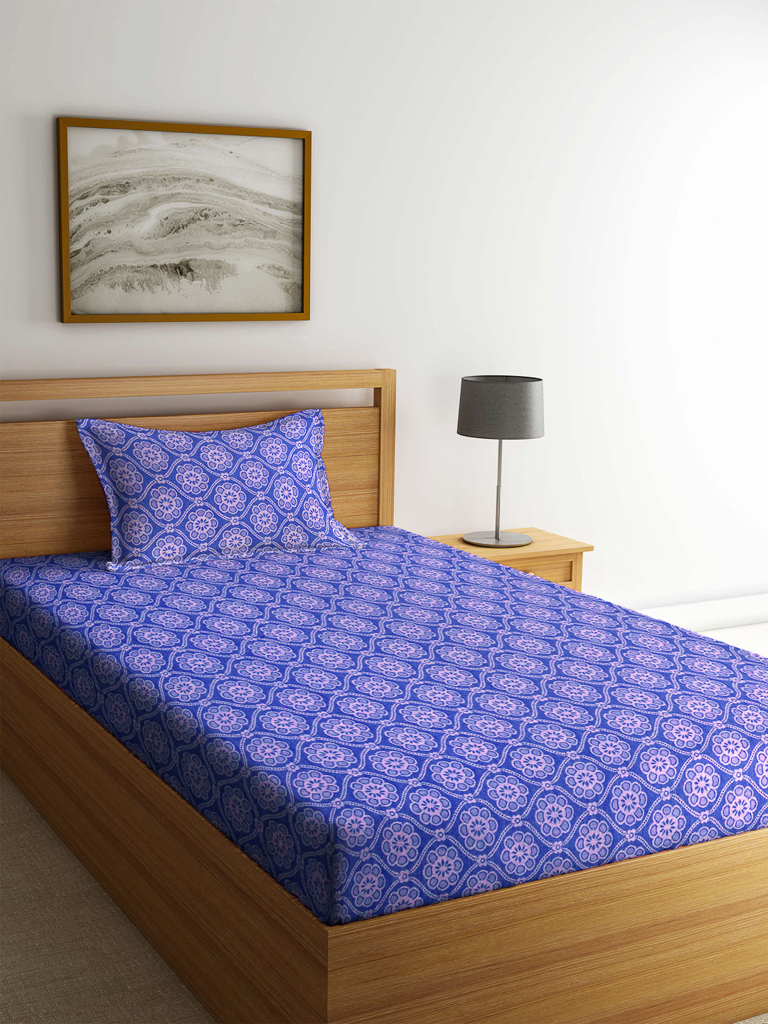 Klotthe Blue Abstract Cotton Single Bedsheet with Pillow cover