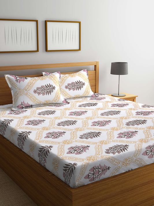 Klotthe Multicolor Floral 300 TC Cotton Blend Fitted Double Bedsheet with 2 Pillow Covers