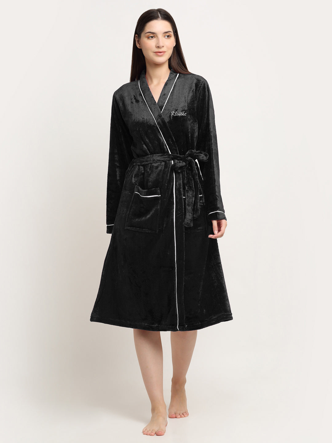 Klotthe Women Black Solid Wool Bath Robe With Belt