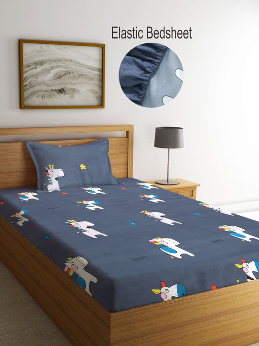 Klotthe Kids Multi Cartoon Characters 300 TC Cotton Blend Elasticated Single BedSheet with Pillow Cover