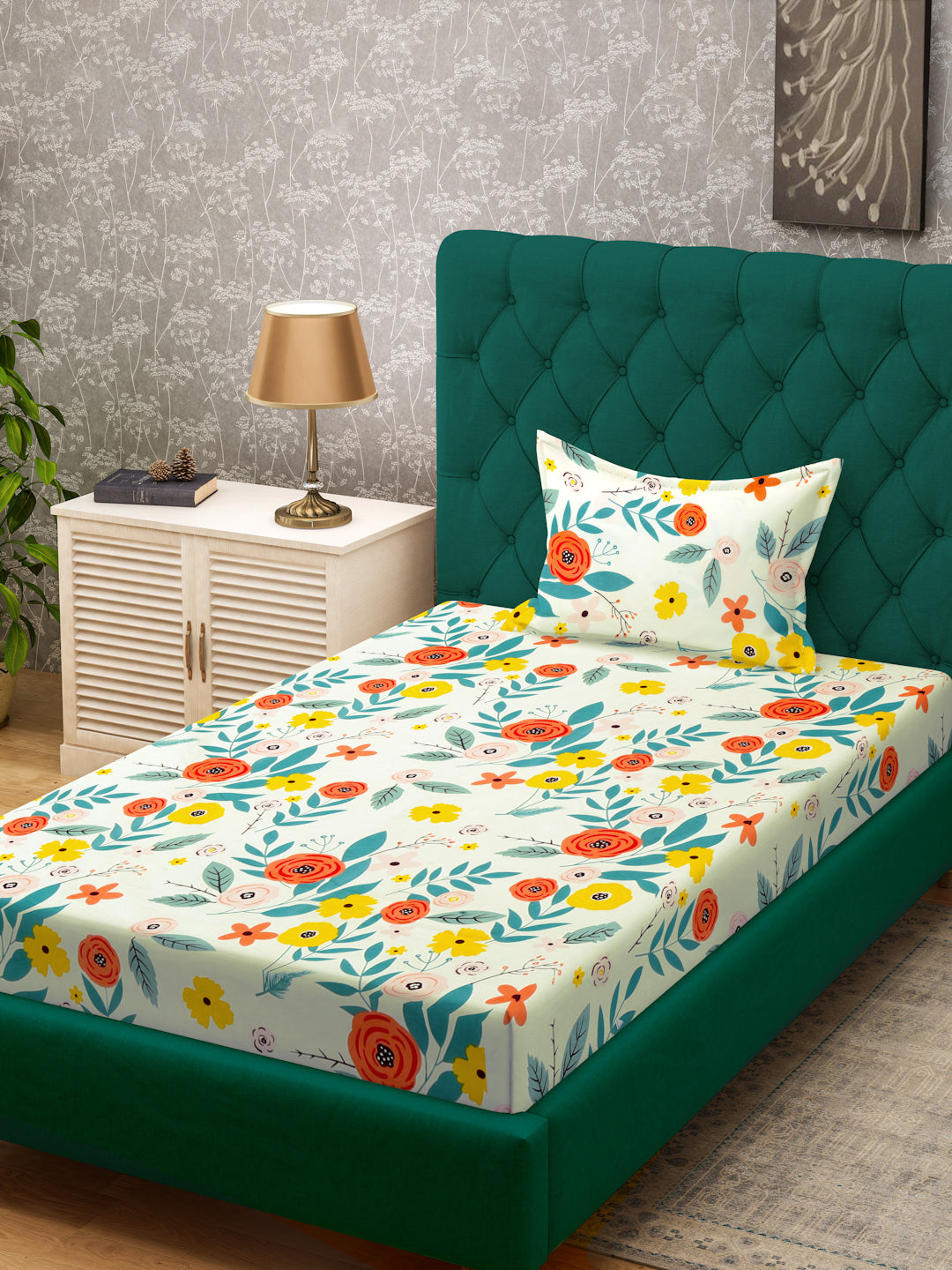 Klotthe Multicolor Floral 300 TC Cotton Blend Single Bedsheet with Pillow Cover