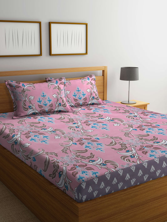 Klotthe Multi Floral 300 TC Cotton Blend Super King Double Bedsheet with 2 Pillow covers (270X270 cm)