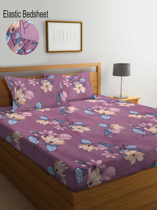 Klotthe Multi Floral 300 TC Cotton Blend Elasticated Super King Double Bedsheet with 2 Pillow Covers (270X270 cm)