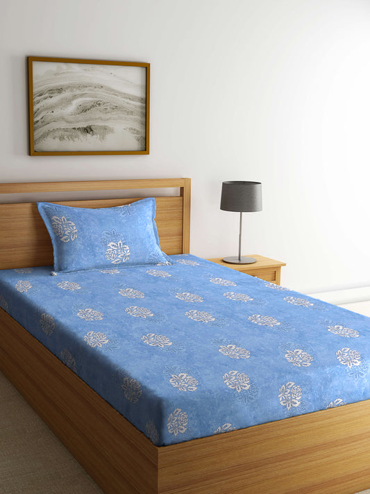 Klotthe Blue Floral 400 TC Pure Cotton Fitted Single Bedsheet with Pillow Cover