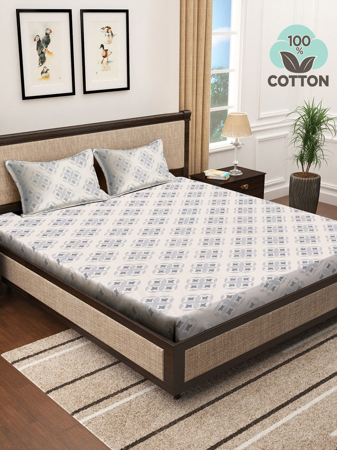 Klotthe Multicolor Geometric 400 TC Pure Cotton Double Bedsheet with 2 Pillow Covers