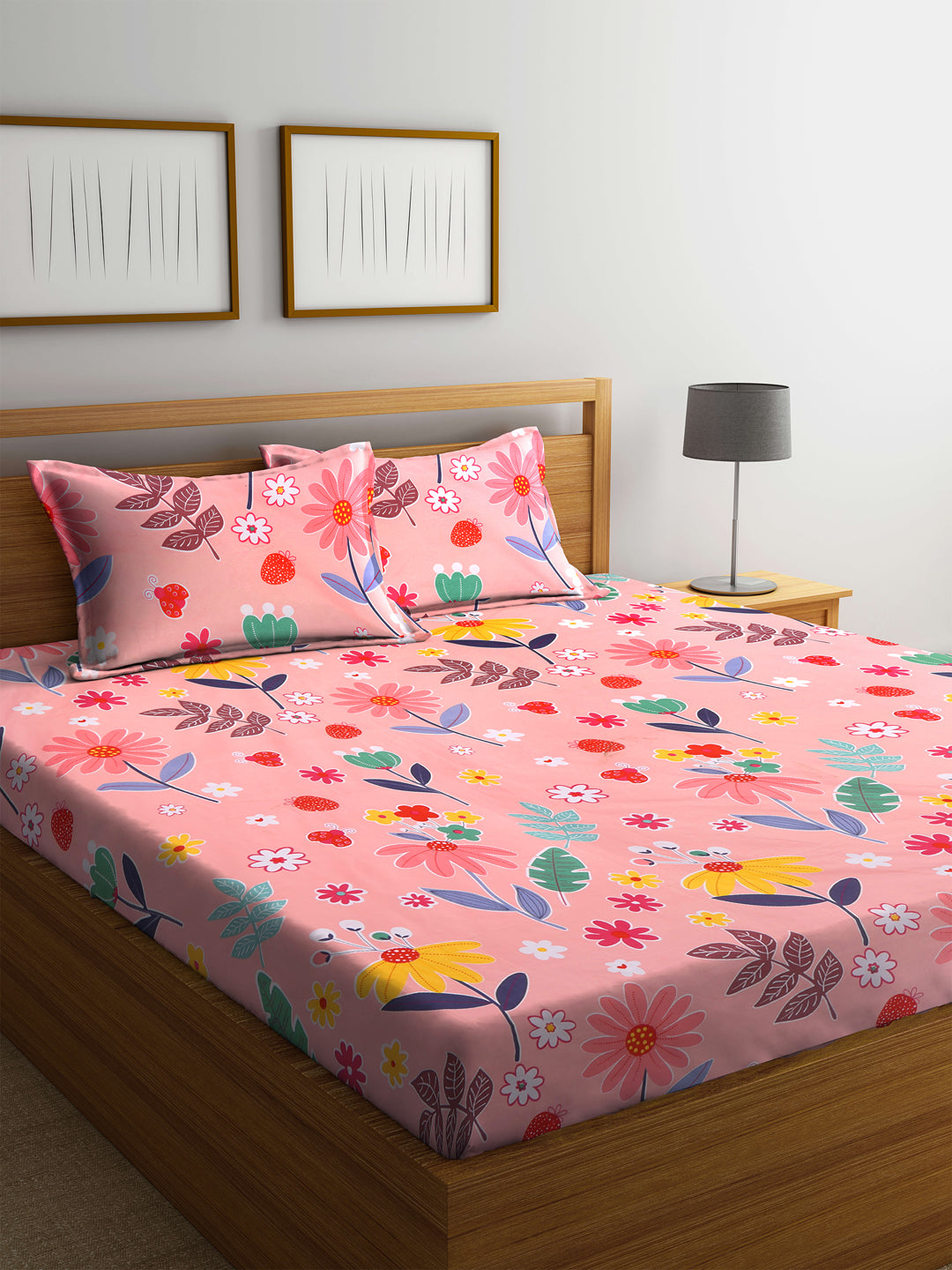 Klotthe Multi Floral 300 TC Cotton Blend Double Bed Sheet with 2 Pillow Covers in Book Fold Packing