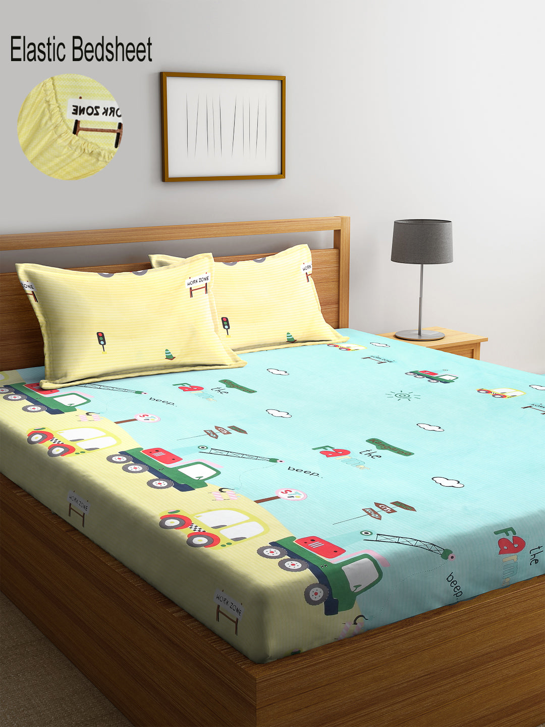 Klotthe Cartoon Characters Multicolor 300 TC Cotton Blend Elasticated Double Bedsheet with 2 Pillow covers