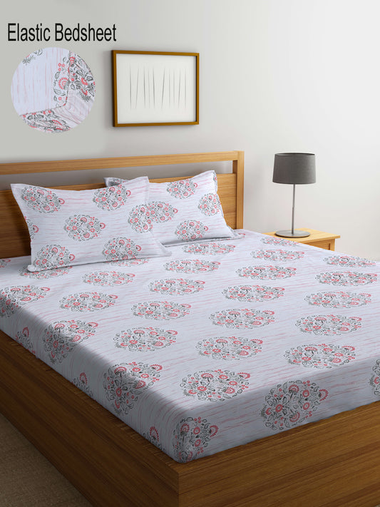 Klotthe Multi Floral 300 TC Cotton Blend Elasticated Super King Double Bedsheet with 2 Pillow Covers (270X270 cm)