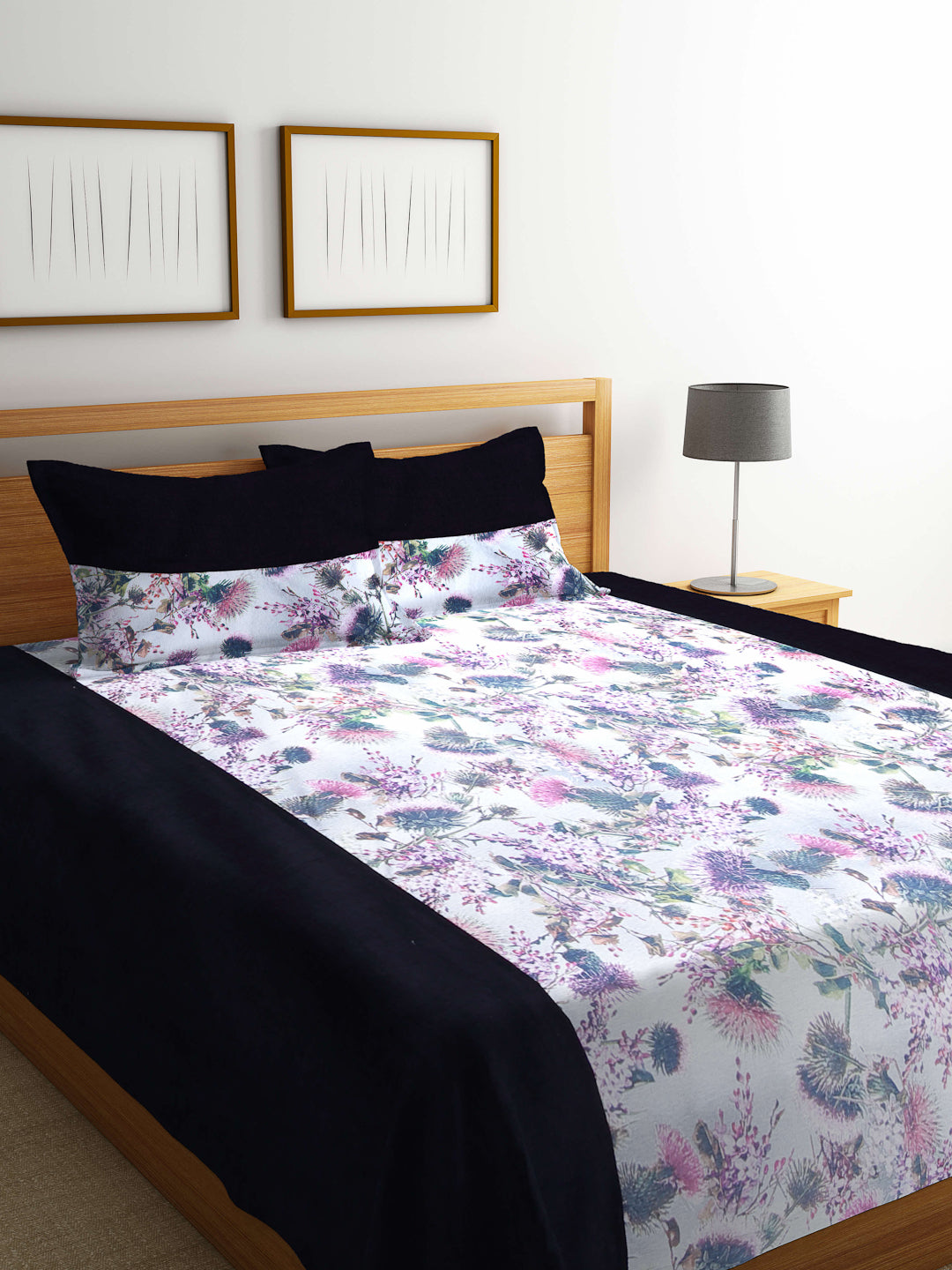 Klotthe Multicolor Floral Cotton Double Bed Cover With 2 Pillow Covers