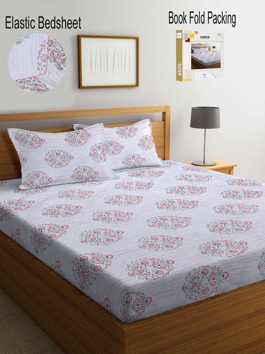 Klotthe Multi Floral 300 TC Cotton Blend Fitted Super King Double Bedsheet Set in Book Fold Packing (270X270 cm)